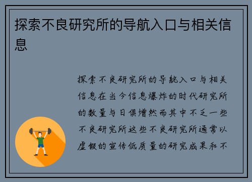 探索不良研究所的导航入口与相关信息